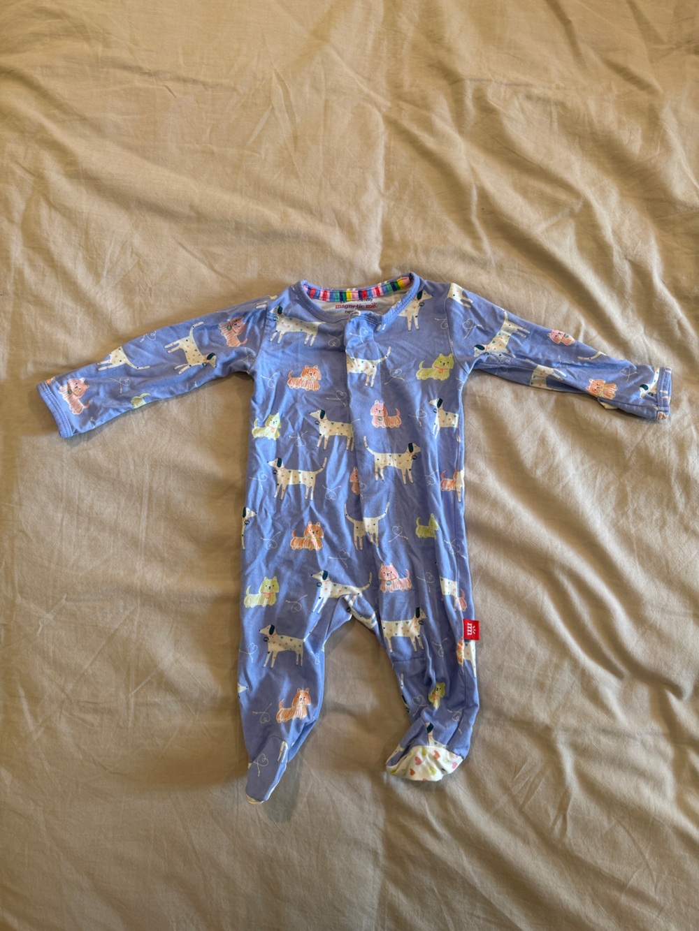 Magnetic Me Blue Baby Footie with Multicolor Dog Print